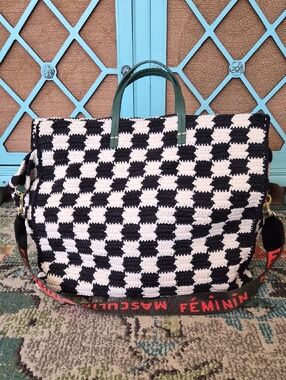 Clare V Black & White Woven Check Tote Bag with Green Handles And Shoulder Strap